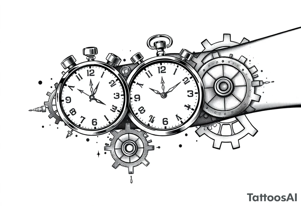 Clocks on arm that show kids birthday with gears as background tattoo idea