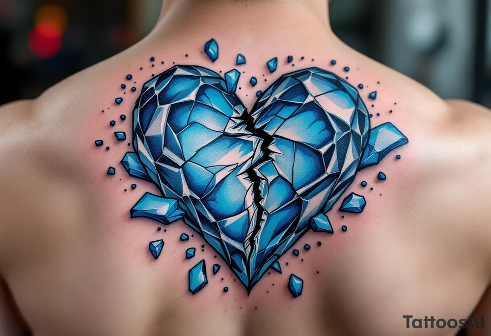 A heart made of blue ice, cracking apart, with cyan shards floating around, representing a love turned cold tattoo idea