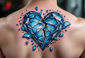 A heart made of blue ice, cracking apart, with cyan shards floating around, representing a love turned cold tattoo idea