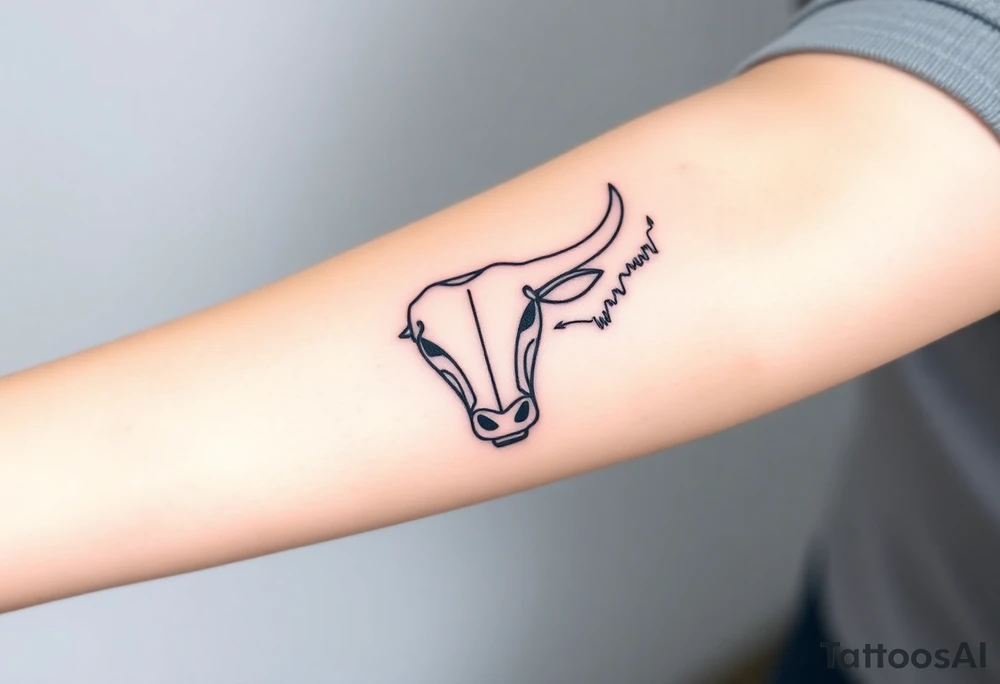 Create a minimalist black line tattoo of a bull’s head that transitions into an upward-trending candlestick stock chart. The design should have clean, fluid lines and combine the bull’s face and horns on the left, with the candlestick chart rising to the right, forming the shape of the bull’s jaw/neck. Keep the style simple and elegant, suitable for a forearm or upper arm tattoo.” tattoo idea