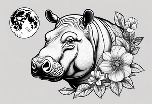 A symbolic hippo head with a detailed realistic full moon on upper right corner and wintersweet flower on lower left corner tattoo idea