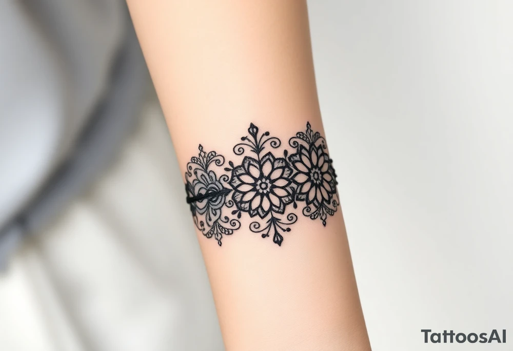 A delicate black lace band wrapped around the wrist, featuring intricate floral and filigree patterns tattoo idea