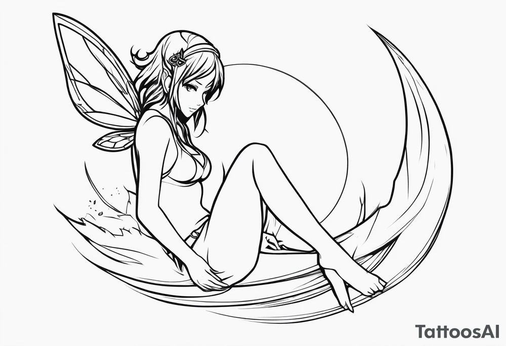 No color sketch of a fairy with a tail inspired by the guild symbol in the anime show called Fairy Tail in a fetal position leaning in and forward while crawled in tattoo idea