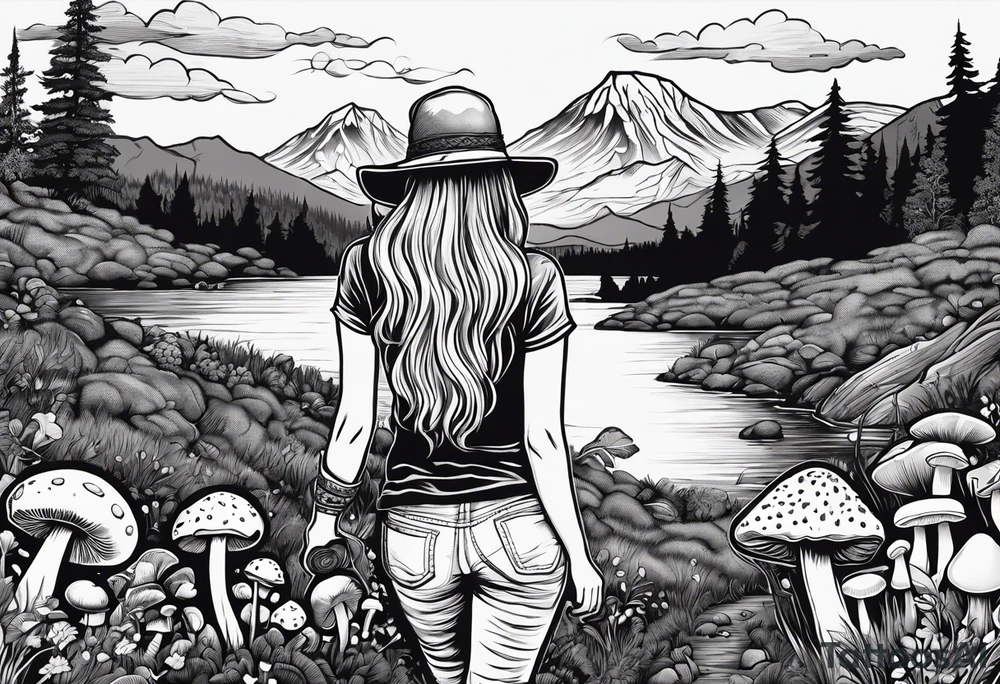 Straight long blonde hair hippie girl in distance holding mushrooms in hand facing away toward mountains and creek surrounded by mushrooms tee shirt and hiking pants tattoo idea
