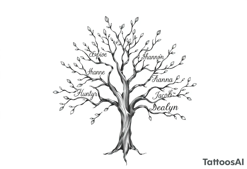 family tree tattoo with names sophie, chloe, shannon, hannah, hunter, jacob and declyn tattoo idea