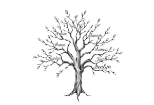 family tree tattoo with names sophie, chloe, shannon, hannah, hunter, jacob and declyn tattoo idea