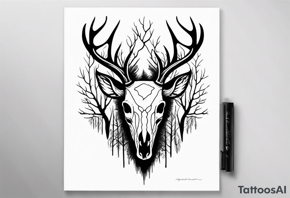 A side view of decayed deer skull surrounded by trees and fire tattoo idea