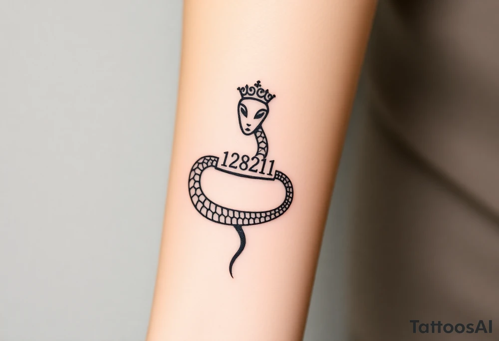 I want a small simple silhouette lines black and white wrist majestic royal snake tattoo that has number 12821 on its body along and also I want it to represent feminine energy crown queen Cycle tattoo idea