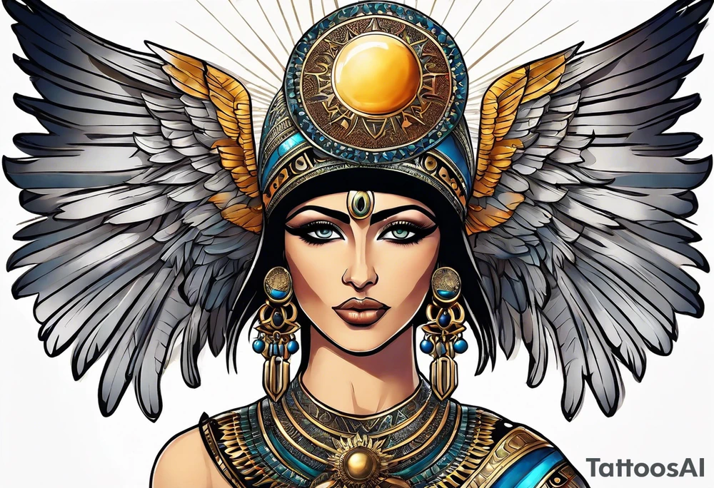 Isis (top center): With wings and the sun disc on her head, holding the ankh. tattoo idea