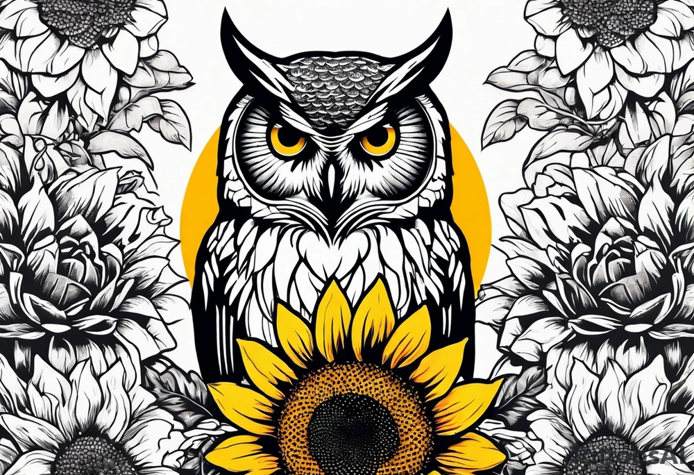 Arm sleeve with an owl surrounded by sunflowers with a butterfly on the sunflower tattoo idea