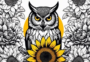 Arm sleeve with an owl surrounded by sunflowers with a butterfly on the sunflower tattoo idea