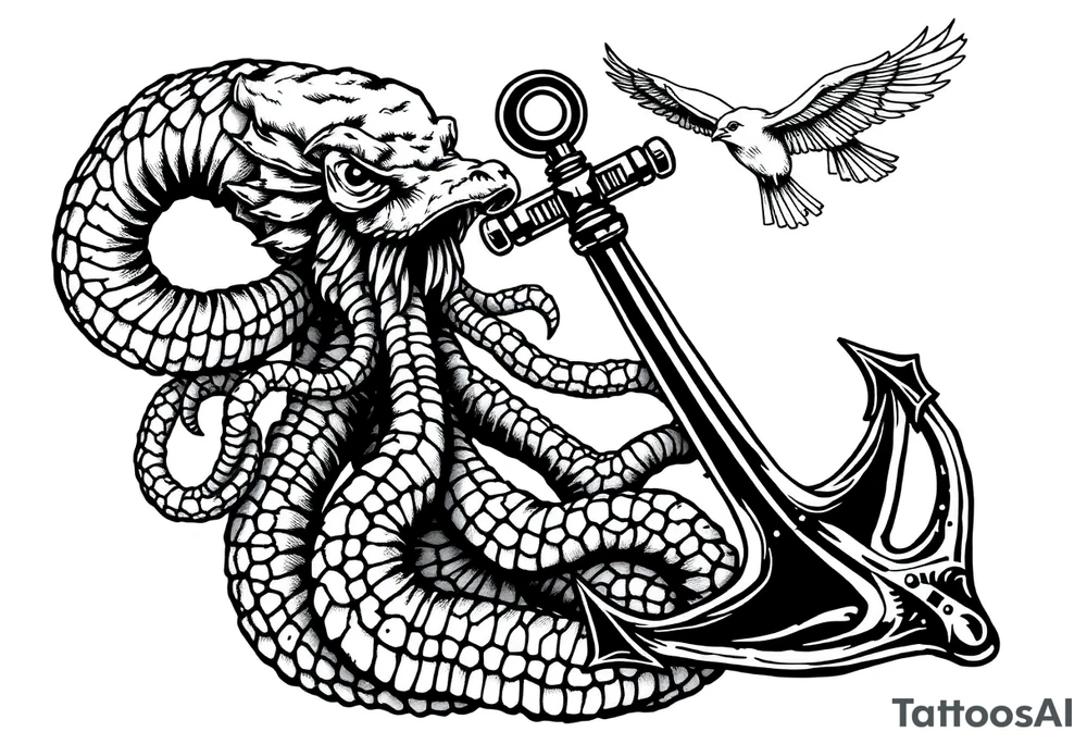 kraken, sailor, anchor, sea, bird concept art tattoo idea