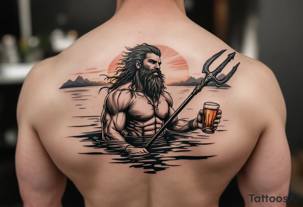 young, happy, fit poseidon in calm water, holding a trident, drinking a beer, with sunset, with ski bare feet tattoo idea