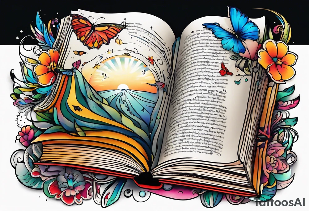 Open book, coming to life, whimsical tattoo idea