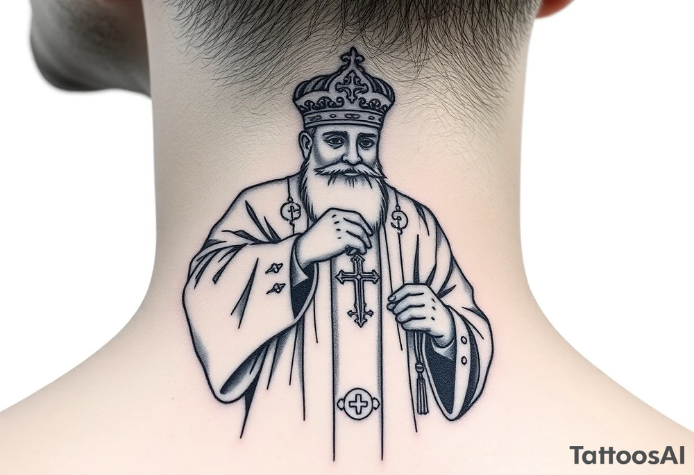 russian orthodox priest in a fully detailed garment swinging censer chains tattoo idea