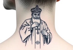 russian orthodox priest in a fully detailed garment swinging censer chains tattoo idea