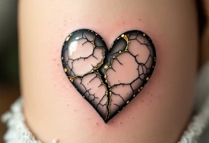 A heart made of porcelain, cracked and repaired with gold (Kintsugi style), showing that healing makes us stronger. tattoo idea