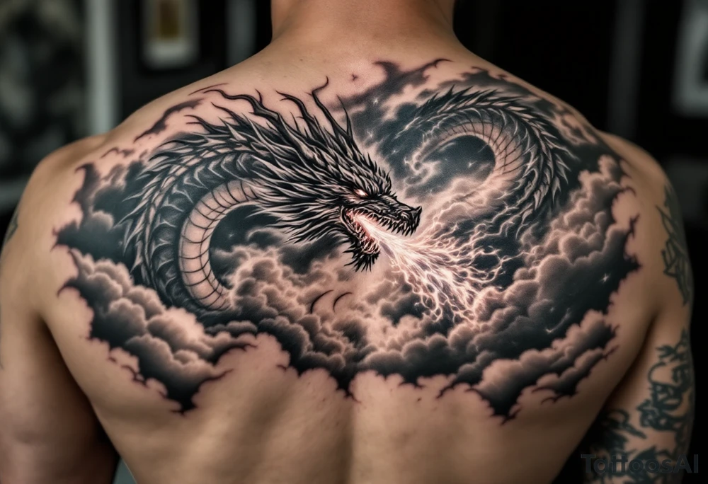 fierce dragon breathing iridescent fire against stormy skies tattoo idea