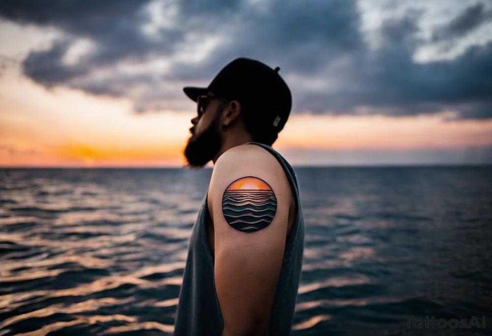 This is an extremely simple and minimalistic tattoo on male forearm. The tattoo is very wide on the forearm and not tall or round. From the perspective of being on the ocean, Water is calm, with no waves in sight, the sun is setting behind the ocean, reflecting light onto the ocean. tattoo idea