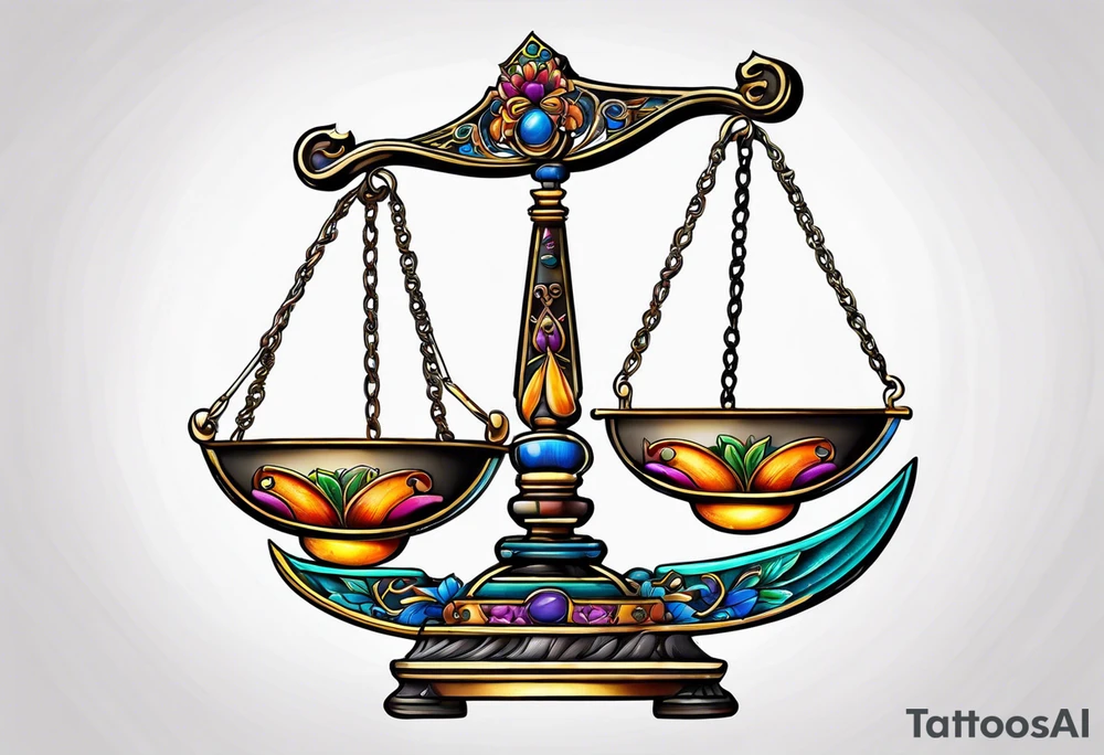 Vibrant Libra scales hanging from a half moon tattoo idea
