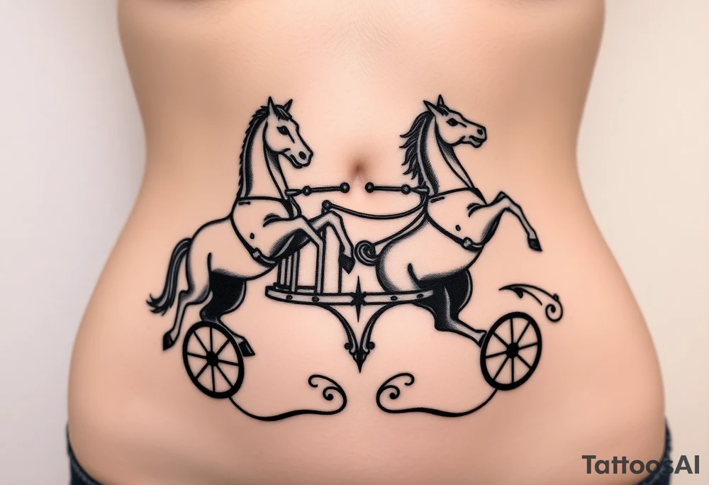 Symmetrical rearing Roman chariot horses on the stomach tattoo idea