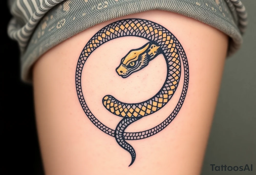 A highly detailed black and gold Ouroboros snake in cyrcle, with intricate scales and glowing eyes tattoo idea