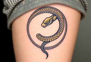 A highly detailed black and gold Ouroboros snake in cyrcle, with intricate scales and glowing eyes tattoo idea