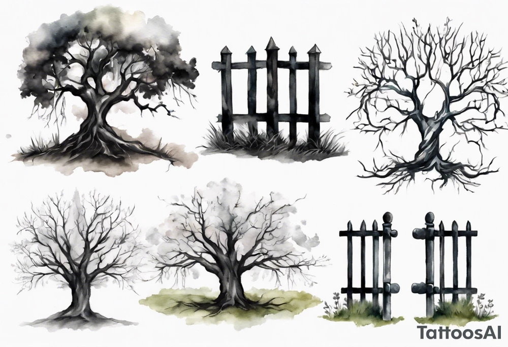 A black tree and a white tree intertwining branches in a field with a fence and headstones tattoo idea