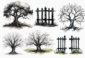 A black tree and a white tree intertwining branches in a field with a fence and headstones tattoo idea