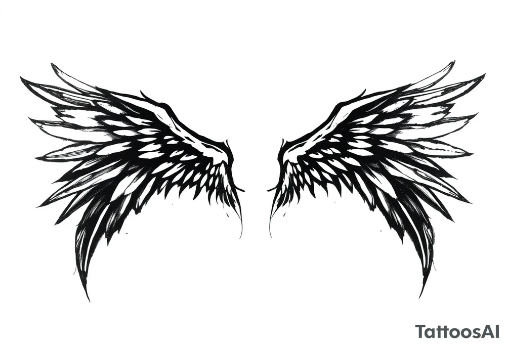 the wings go up

This tattoo design features a pair symmetrical angel wings drawn in black ink with a rough, sketch-like style. The left wing is darker, more defined, and appears denser, while the right wing is lighter, more delicate, and fragmented, creating a contrast between the two. The feathers are sharp and irregular, with fine lines and stray strokes extending outward, adding a raw and artistic feel. The overall look is dynamic and slightly chaotic, giving the impression of movement or an unfinished, ethereal form. This design symbolizes duality, freedom, transformation, or even struggle, making it a meaningful and visually striking tattoo. tattoo idea