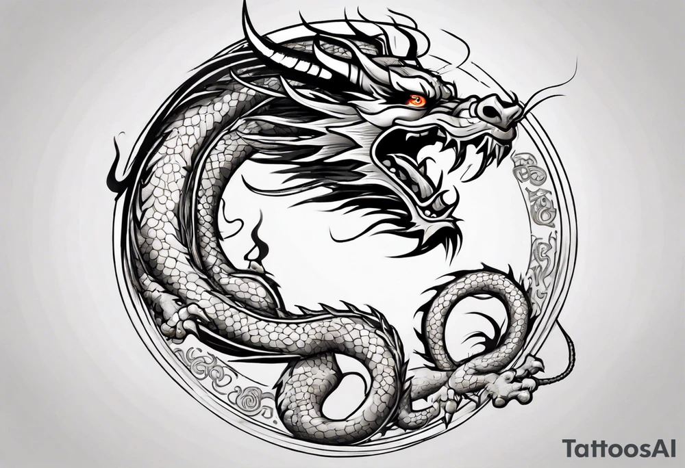 Chinese dragon in a circular shape with "02.03" written on its skin tattoo idea