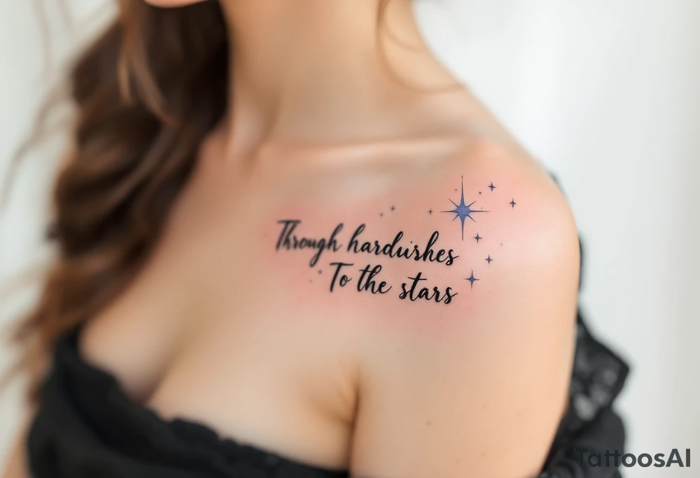 A soft gray script of “Through hardships To the stars” stretches beneath a pale lavender constellation on the shoulder blade. tattoo idea