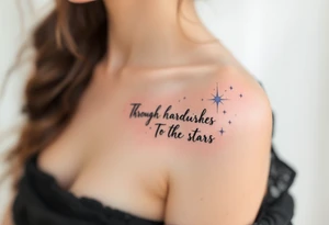 A soft gray script of “Through hardships To the stars” stretches beneath a pale lavender constellation on the shoulder blade. tattoo idea