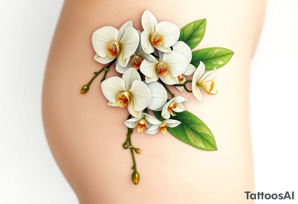 A cluster of white orchids cascading down a shoulder, surrounded by soft green leaves and golden accents. tattoo idea