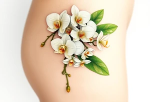 A cluster of white orchids cascading down a shoulder, surrounded by soft green leaves and golden accents. tattoo idea