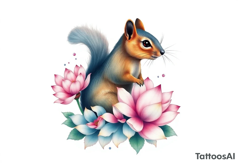 Fierce squirrel blooming lotus flowers tattoo idea