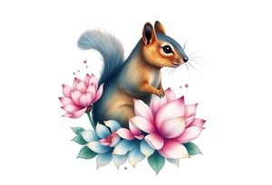 Fierce squirrel blooming lotus flowers tattoo idea