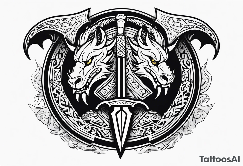 Valhalla sword shield dragon head axe tattoo idea