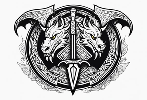 Valhalla sword shield dragon head axe tattoo idea