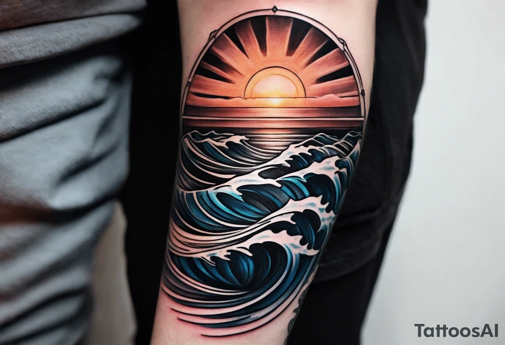 Tattoo on forearm from the perspective of being on the ocean at sunset. Water is calm, with very light waves, the sun is setting behind the ocean, reflecting light onto the ocean. tattoo idea