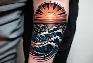Tattoo on forearm from the perspective of being on the ocean at sunset. Water is calm, with very light waves, the sun is setting behind the ocean, reflecting light onto the ocean. tattoo idea