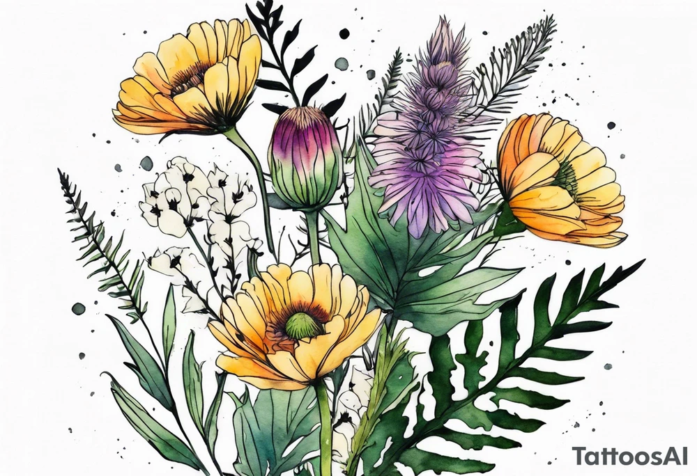 vertical mixed wildflower bouquet with ferns, ranunculus, thistle and with watercolor tattoo idea
