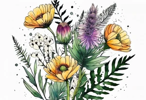 vertical mixed wildflower bouquet with ferns, ranunculus, thistle and with watercolor tattoo idea