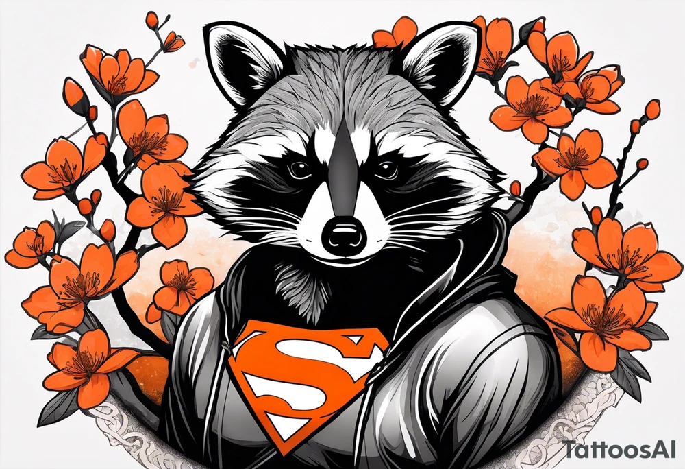 Raccoon wearing a white Superman logo on a black hoodie and orange Japanese cherry blossoms beside tattoo idea