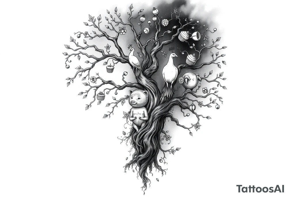 mystical tree  with cosmic  branches fat naked sexy woman , peacock , pig , cupcakes, sins,  Storm clouds, pig, peacock , fat sexy naked fat woman, cupcakes, noose , money, goat lion, man sex toys pussy dicks, cigerette storm lightening, killing, darkness death, violent majestic creatures and tattoo idea