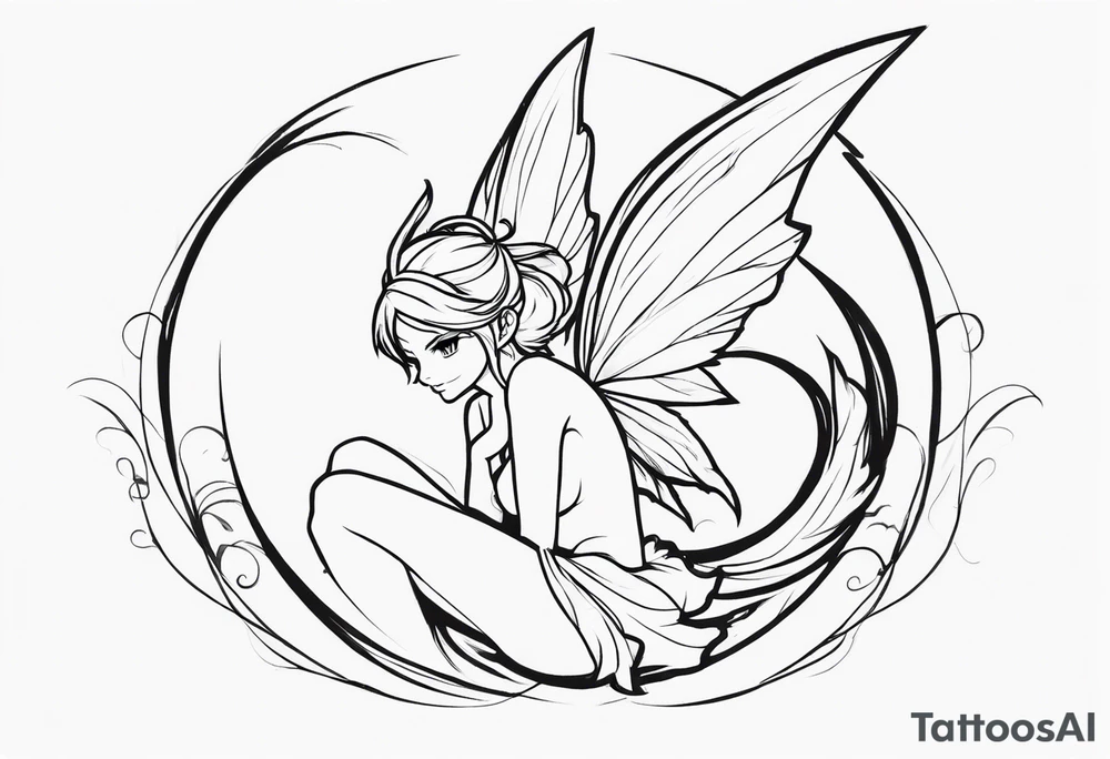 No color sketch of a fairy with a tail inspired by the guild symbol in the anime show called Fairy Tail in a fetal position leaning forward while crawled in and her body is an angle while floating in the air with big wings tattoo idea