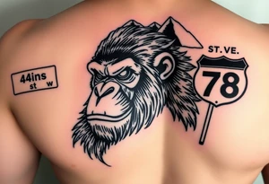 powerful aggressive ape with a street sign on the left that says 42ns st w, a highway sign on the right that says highway 78 and pyramids above the ape’s head that have snow on them. tattoo idea