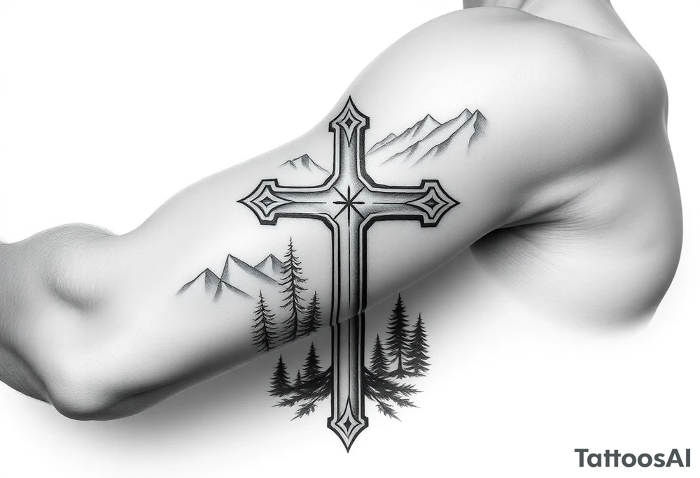 russian christian orthodox cross which is relatively small, with the diagonal line at the bottom with a light forrest with a light mountainous setting tattoo idea