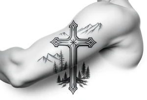 russian christian orthodox cross which is relatively small, with the diagonal line at the bottom with a light forrest with a light mountainous setting tattoo idea