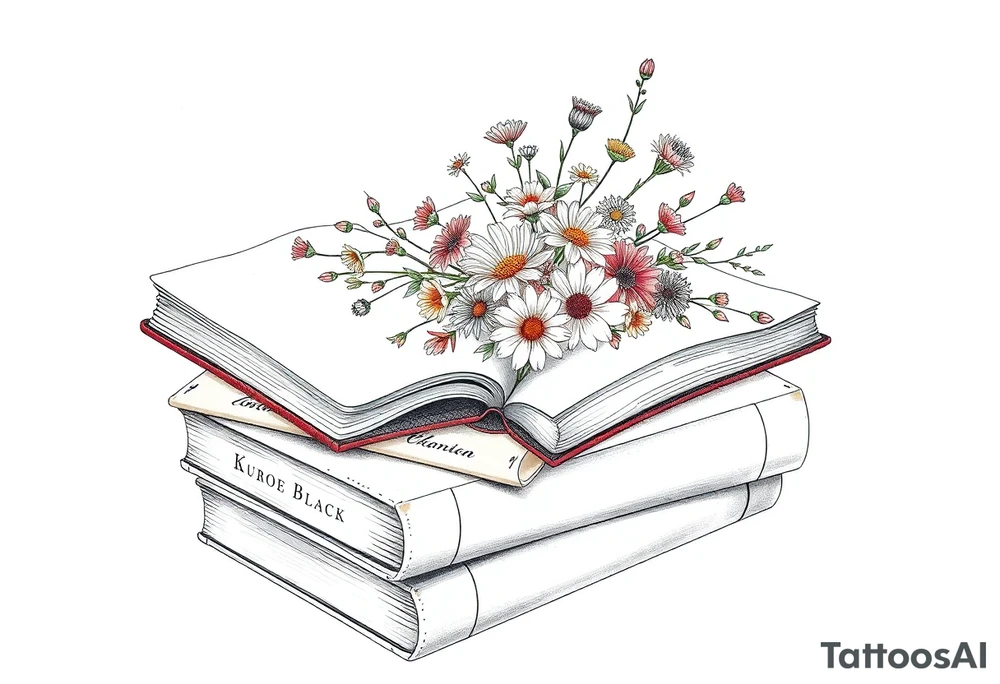 stack of 3 vintage books with various names on the spines top book open with bouquet of different kinds of wild 
flowers coming out of it tattoo idea